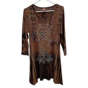 R. Rouge BOHO Wearable Art Tunic Top Large Brown Paisley Embellished 3/4 Sleeve